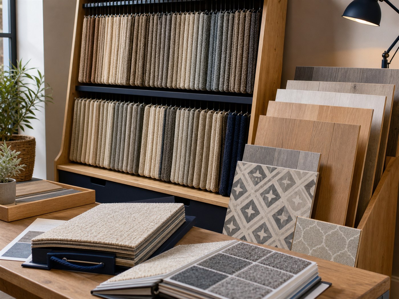 Flooring sample books and display boards in an independent showroom
