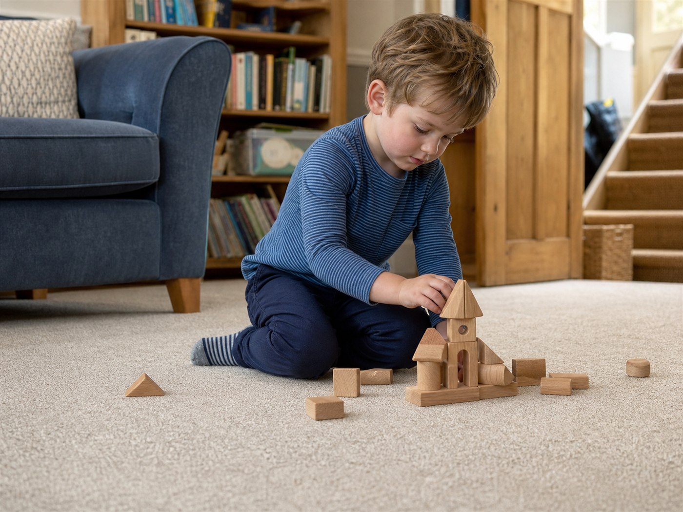 A child happily playing with wooden blocks on a soft fitted carpet