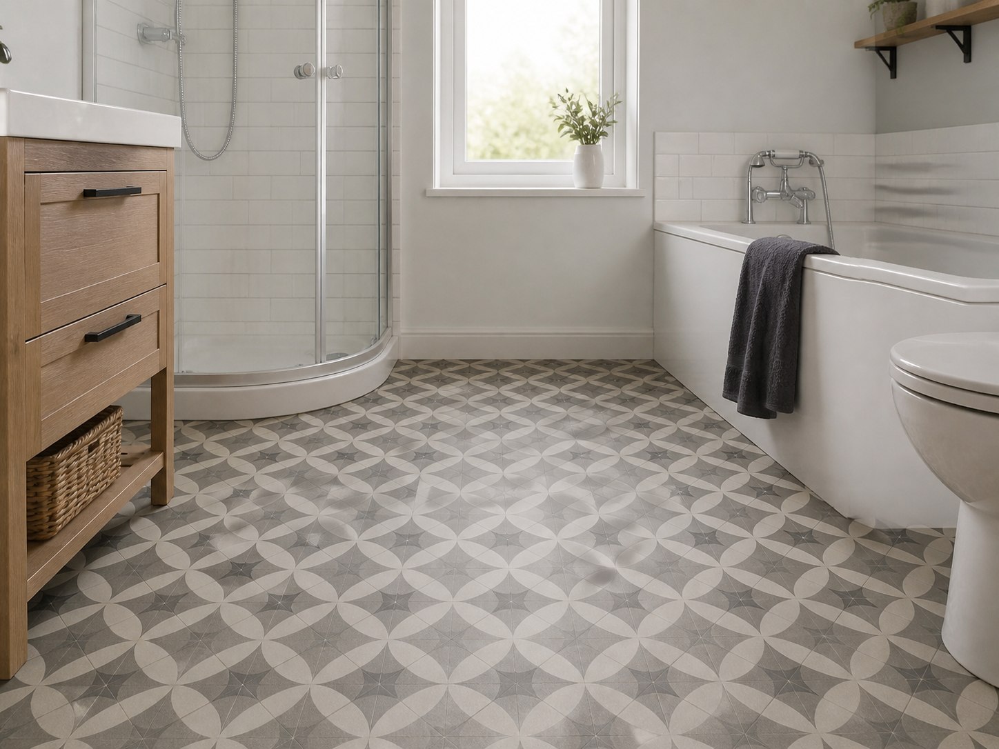 Patterned LVT in a bright bathroom