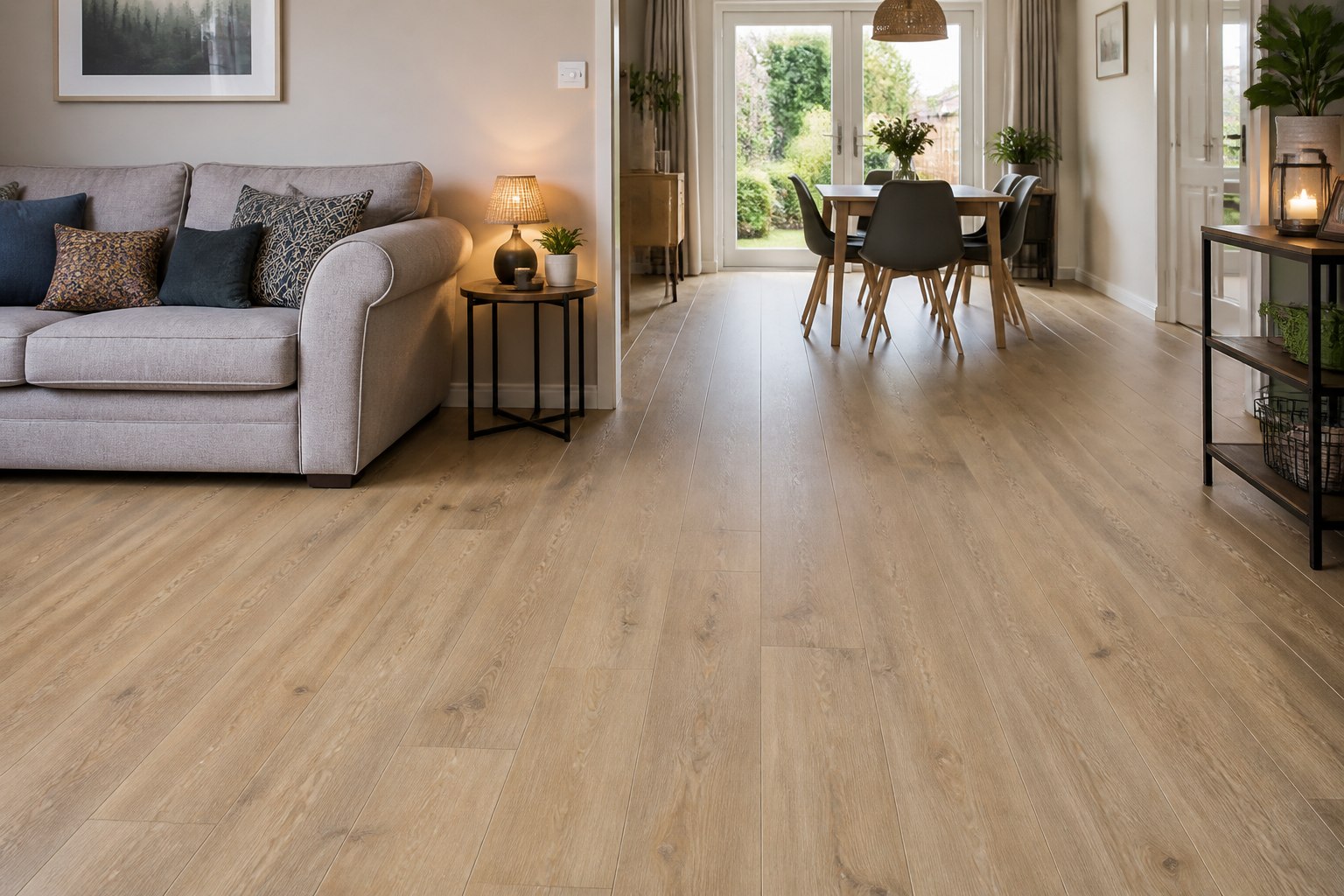 Natural oak-effect LVT in an open-plan living space